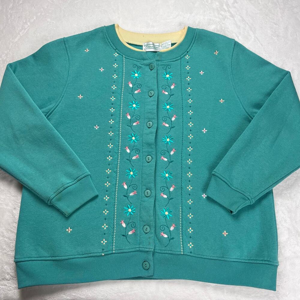 Shenanigans Vintage Button Down Sweatshirt Women's sz Large Embroidered Floral